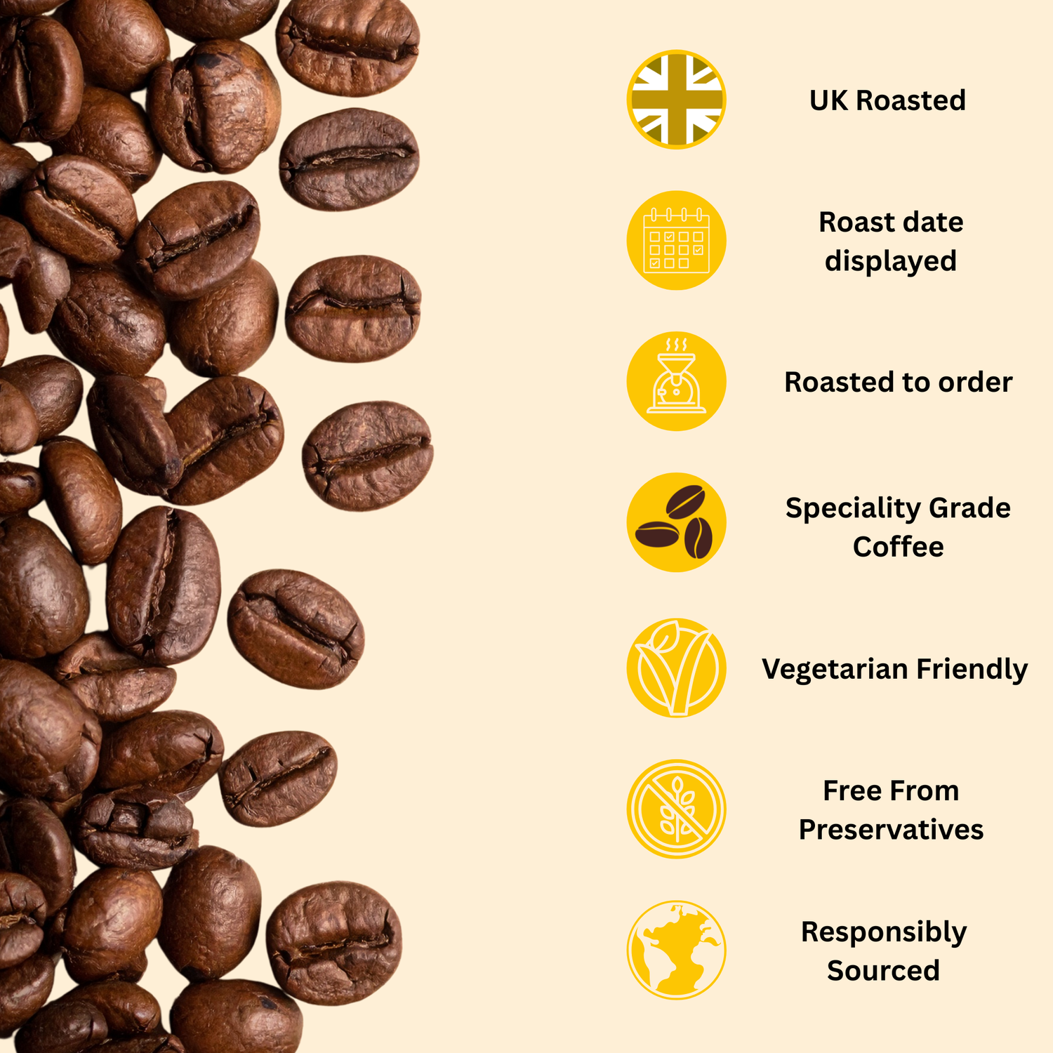 Coffee beans with certification icons and text on a beige background