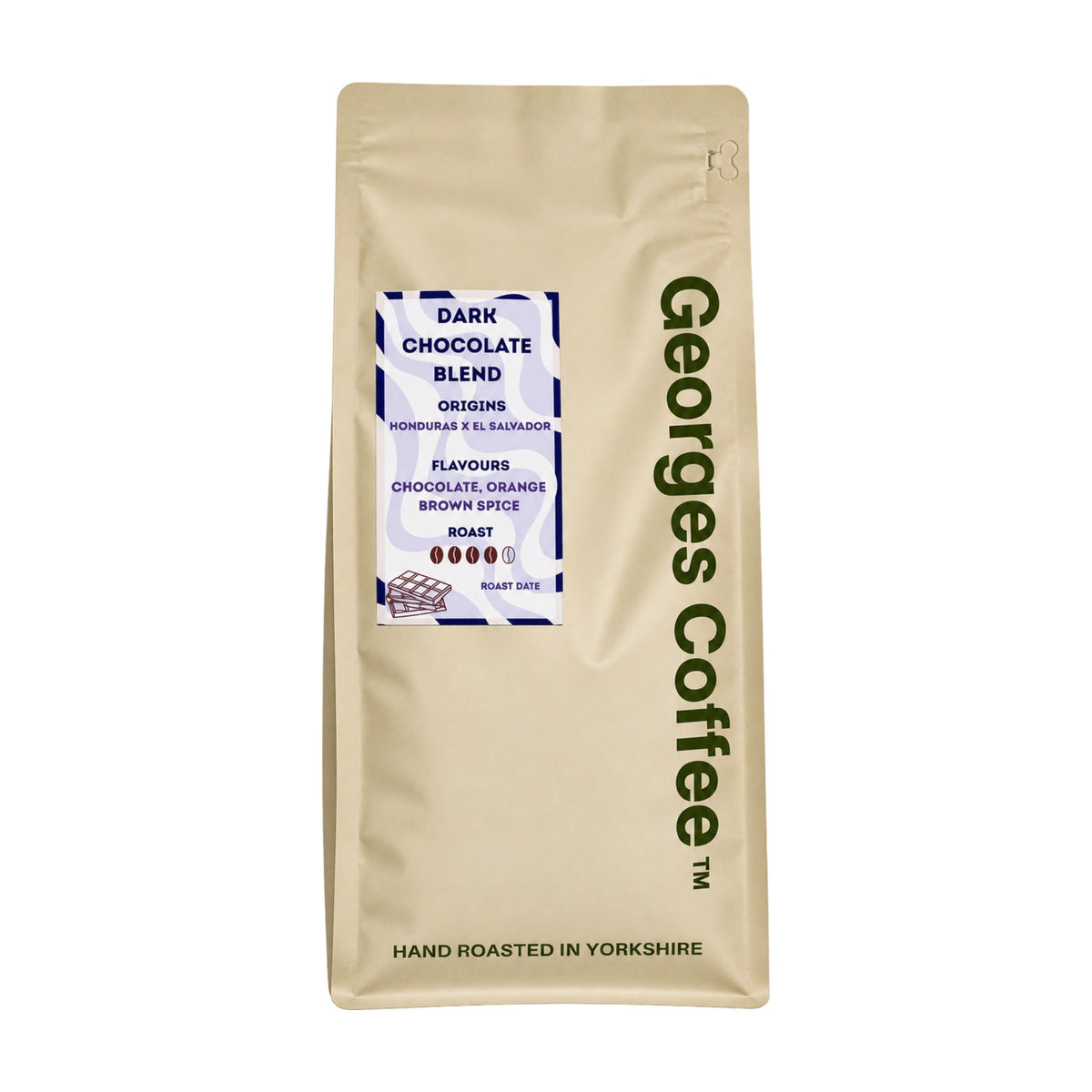 Georges Coffee Dark Chocolate Blend dark roast coffee beans 1kg bag, Honduran and El Salvador Arabica, hand roasted in Yorkshire