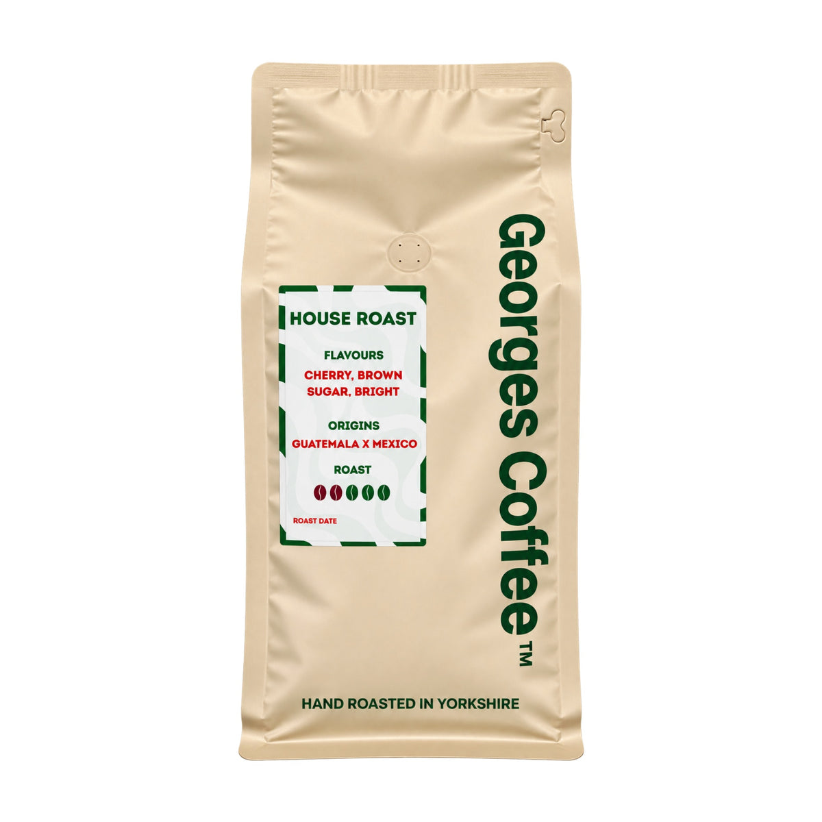 Georges Coffee House Roast light roast coffee beans 1kg bag, Guatemala and Mexico blend, hand roasted in Yorkshire