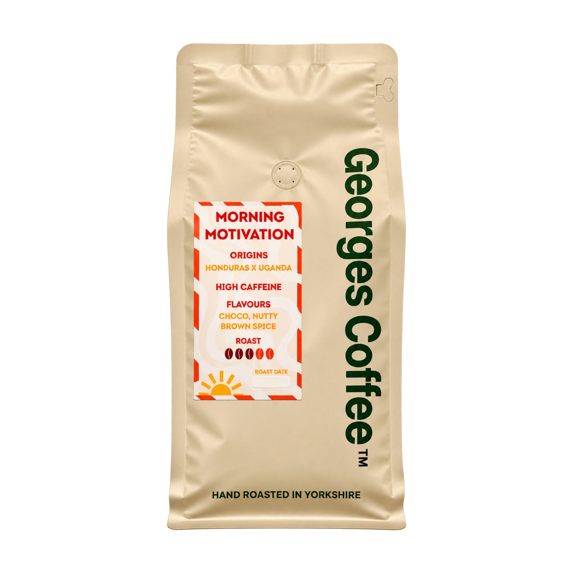 Georges Coffee Morning Motivation coffee beans 1kg bag, Honduras and Uganda Arabica and Robusta blend, hand roasted in Yorkshire