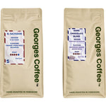 Georges Coffee Two Darks Duo: El Salvador and Dark Chocolate Blend 250g bags side by side, dark roast coffee beans hand roasted in Yorkshire
