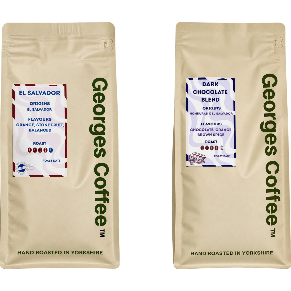 Georges Coffee Two Darks Duo: El Salvador and Dark Chocolate Blend 250g bags side by side, dark roast coffee beans hand roasted in Yorkshire